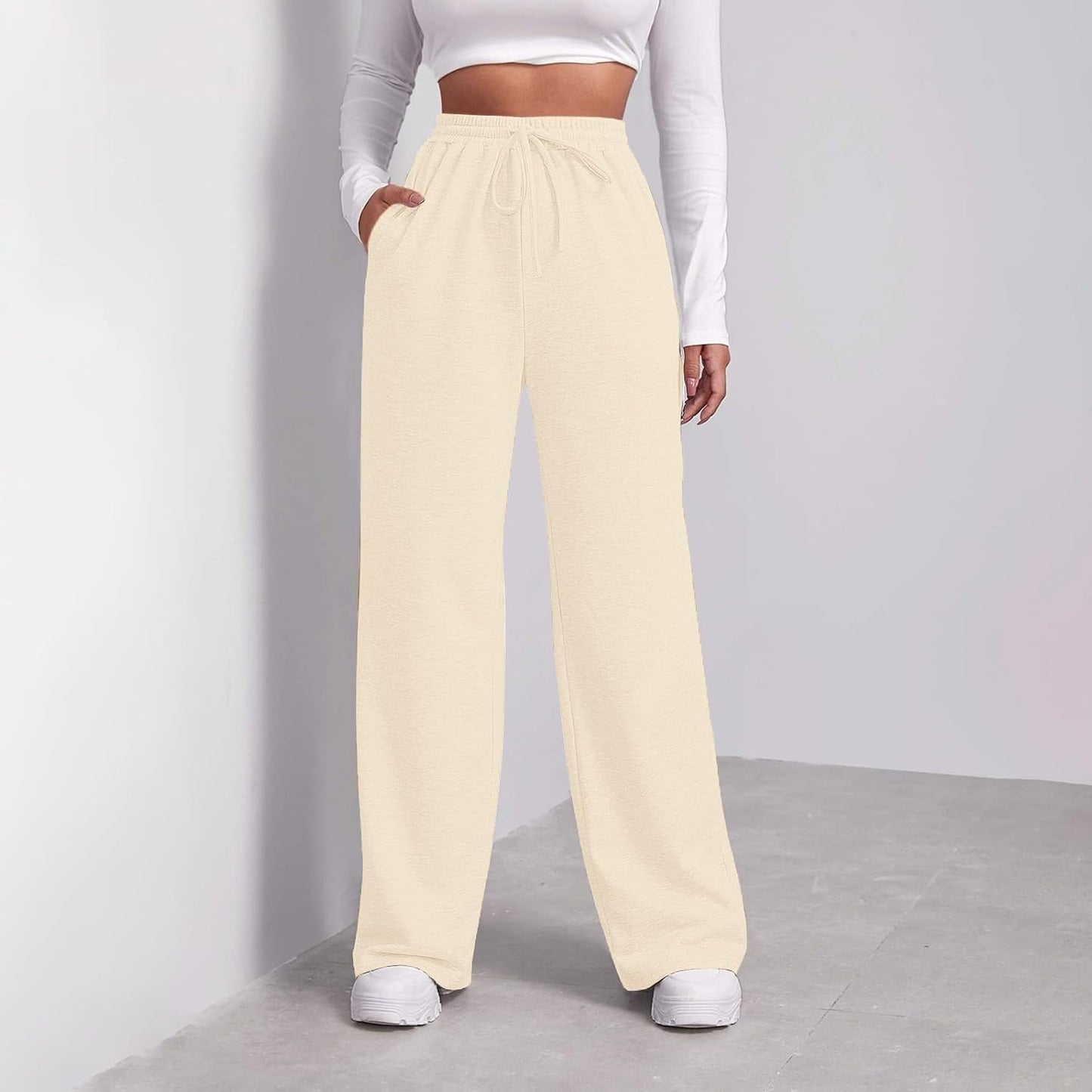 Straight Leg Sweatpants Women Baggy Drawstring Elastic Waist Lounge Pants Soft Cozy Joggers with Pockets