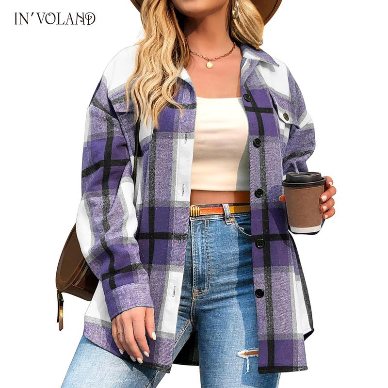Womens Plus Size Shacket Jacket Flannel Plaid Long Sleeve Button Down Shirts Casual Fall Blouses Tops  Winter Coats Winter Holiday Haul#US 2025 Deals for You Days