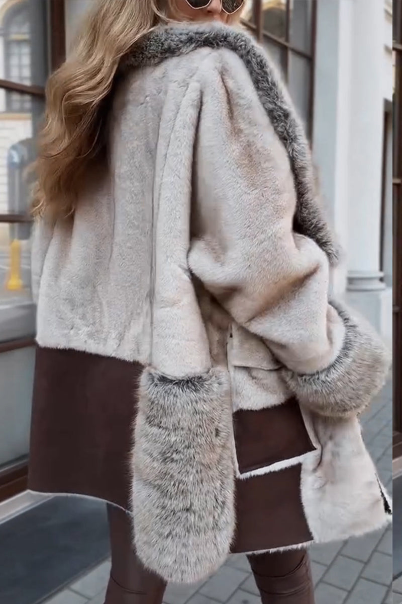 Women Fur Collar Patchwork Contrast Color Temperament Casual Coat