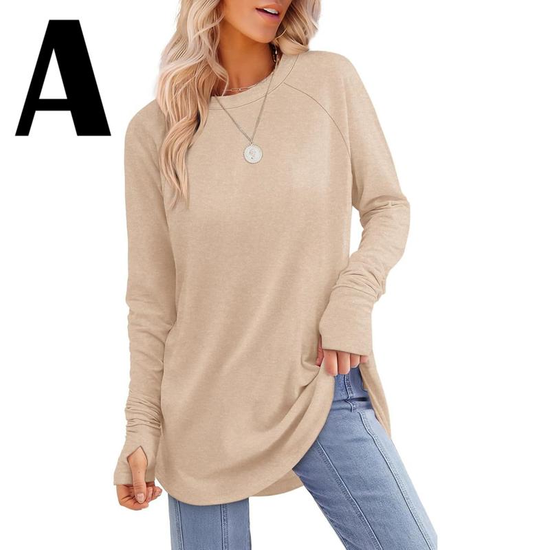 Women's Long Sleeve Tunic Tops For Leggings Crew Neck Curved Hem With Thumb Holes Casual Comfortable Daily Wear Shirts