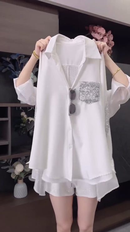 Ladies Collar Patchwork Sequin Casual Shirt