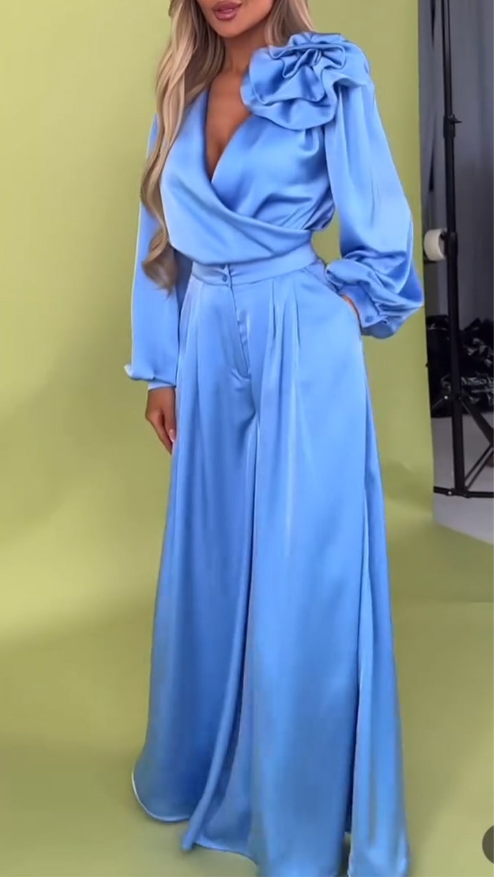 Women's formal two-piece set in elegant satin with a V-neck.