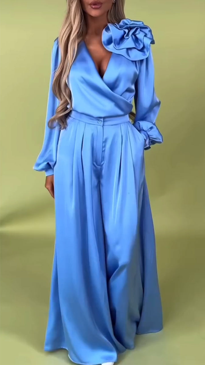 Women's formal two-piece set in elegant satin with a V-neck.