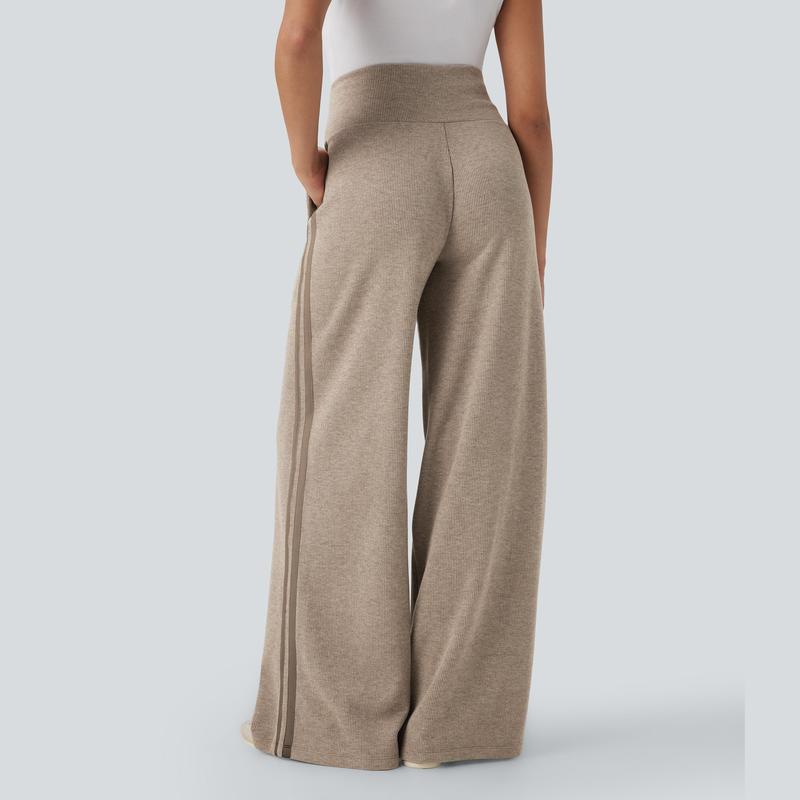 Ribbed SoCinched High Waisted Tummy Control Drawstring Wide Leg Color Block Casual Pants with Side Pockets