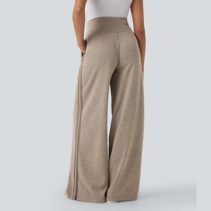 Ribbed SoCinched High Waisted Tummy Control Drawstring Wide Leg Color Block Casual Pants with Side Pockets