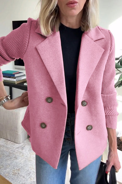 Women's Lapel Button Knitted Sleeve Casual Coat with Two Side Pockets