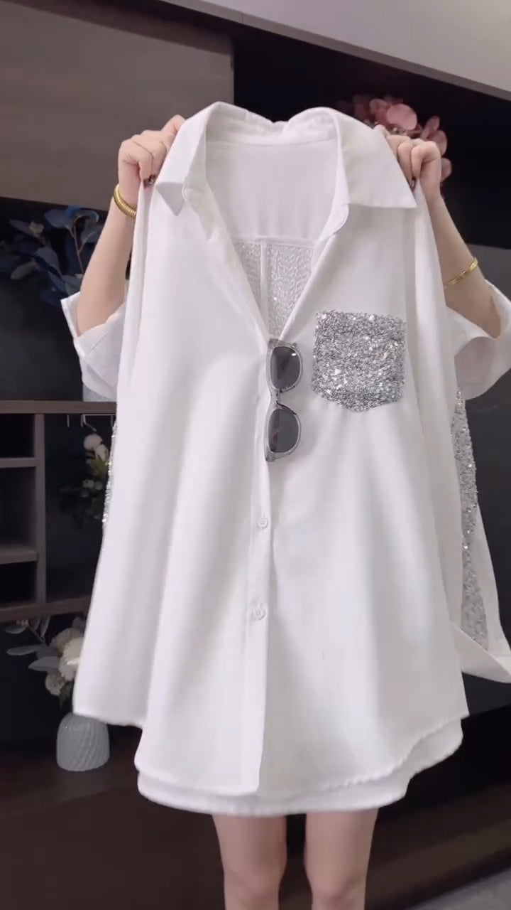Ladies Collar Patchwork Sequin Casual Shirt