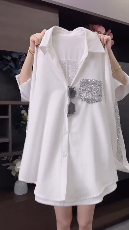 Ladies Collar Patchwork Sequin Casual Shirt