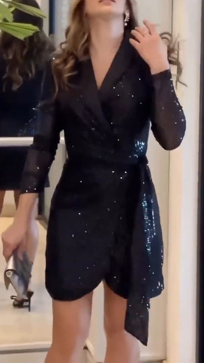 Women Lapel Sequin Elegant Temperament Dress