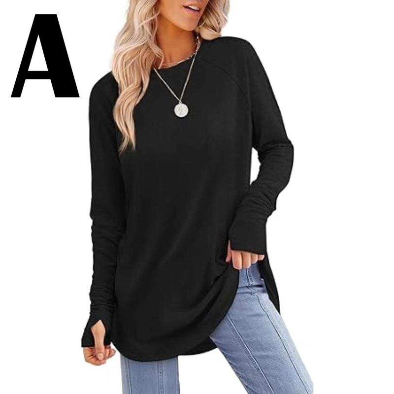 Women's Long Sleeve Tunic Tops For Leggings Crew Neck Curved Hem With Thumb Holes Casual Comfortable Daily Wear Shirts