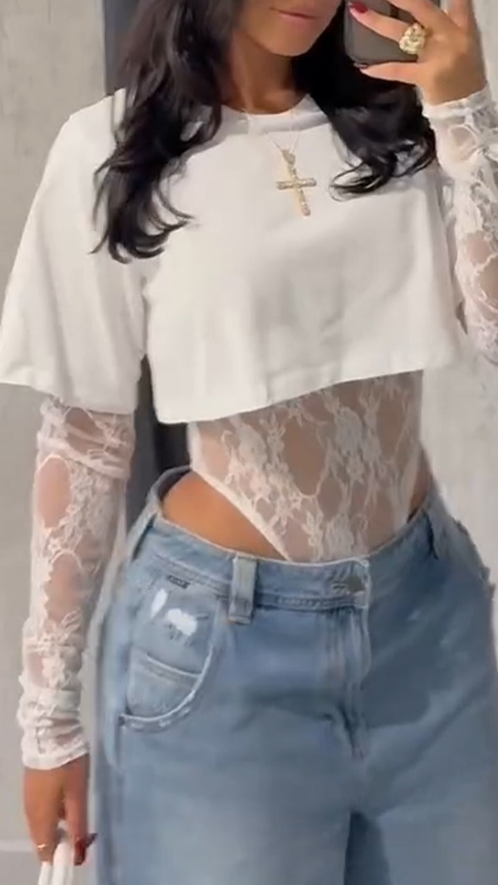 Hot Sale🔥Women's Round Neck Solid Color Short T-shirt + Lace Jumpsuit Two-piece Set