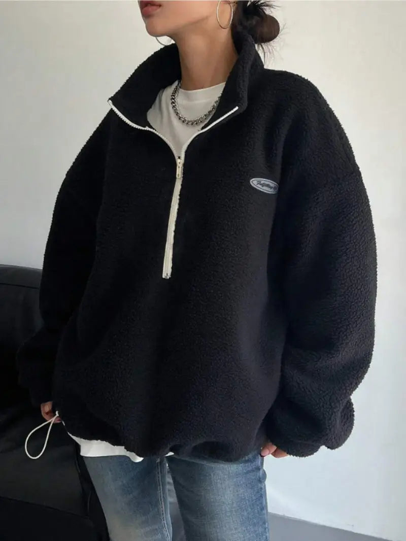 Women's Letter Patched Half Zip Fuzzy Sweatshirt, Casual Fits Long Sleeve Drop Shoulder Pullover for Fall & Winter, Women's Clothes for Daily Wear, Outfits Workwear for Women, Posh Clothes Women Yoga Jumpers