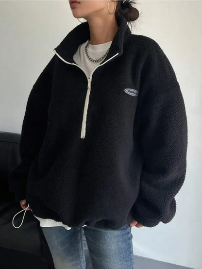 Women's Letter Patched Half Zip Fuzzy Sweatshirt, Casual Fits Long Sleeve Drop Shoulder Pullover for Fall & Winter, Women's Clothes for Daily Wear, Outfits Workwear for Women, Posh Clothes Women Yoga Jumpers