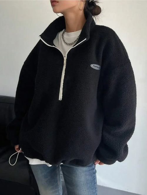 Women's Letter Patched Half Zip Fuzzy Sweatshirt, Casual Fits Long Sleeve Drop Shoulder Pullover for Fall & Winter, Women's Clothes for Daily Wear, Outfits Workwear for Women, Posh Clothes Women Yoga Jumpers