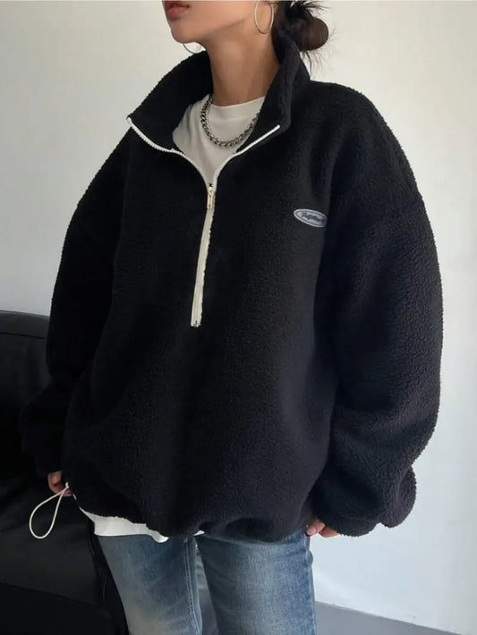 Women's Letter Patched Half Zip Fuzzy Sweatshirt, Casual Fits Long Sleeve Drop Shoulder Pullover for Fall & Winter, Women's Clothes for Daily Wear, Outfits Workwear for Women, Posh Clothes Women Yoga Jumpers