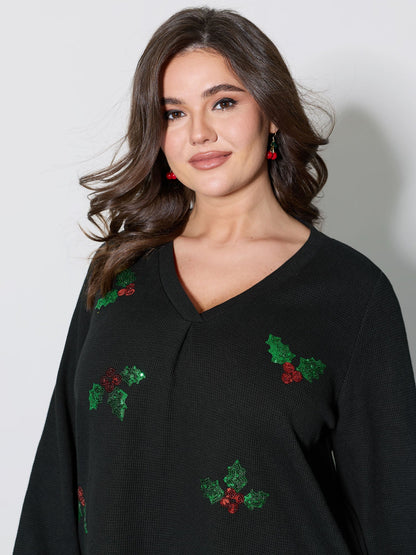 Holiday Elements Sequin Embroidery Textured Sweatshirt