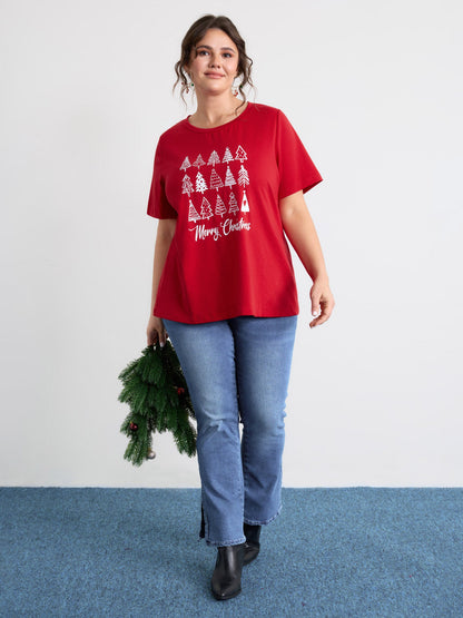 Cozy Christmas Print Round Neck T-Shirt