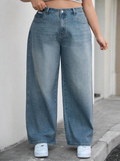 Plus Size Washed and Faded Loose Denim Pants for Women with Pockets, Wide-Leg Jeans, Relaxed Fit Denim