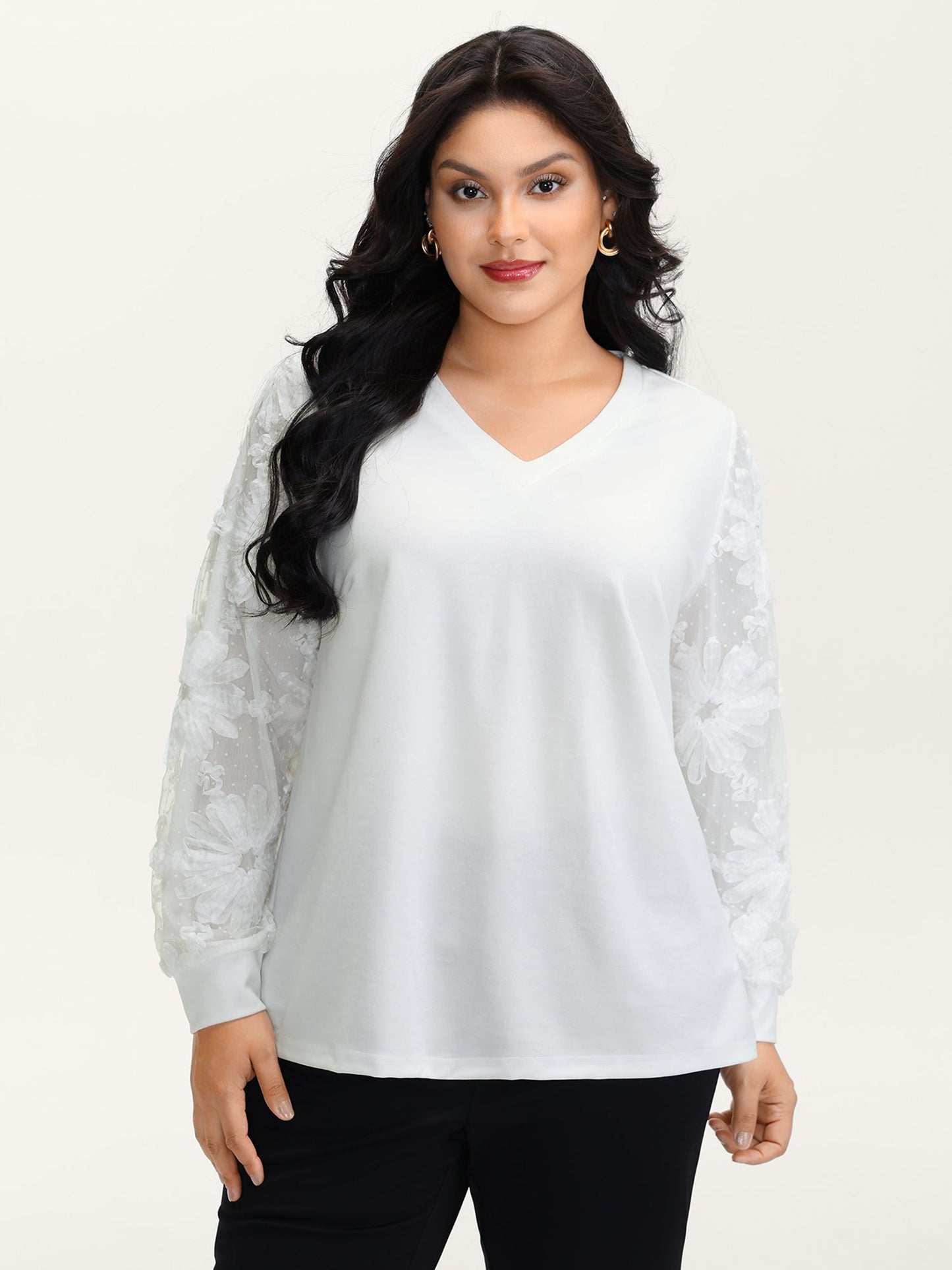 Textured Sheer Sleeve V-Neck T-Shirt