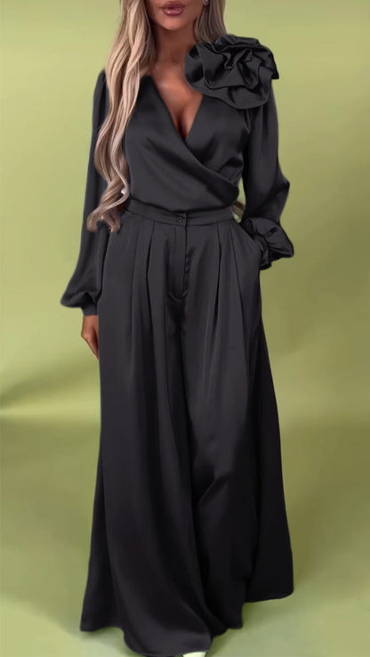 Women's formal two-piece set in elegant satin with a V-neck.